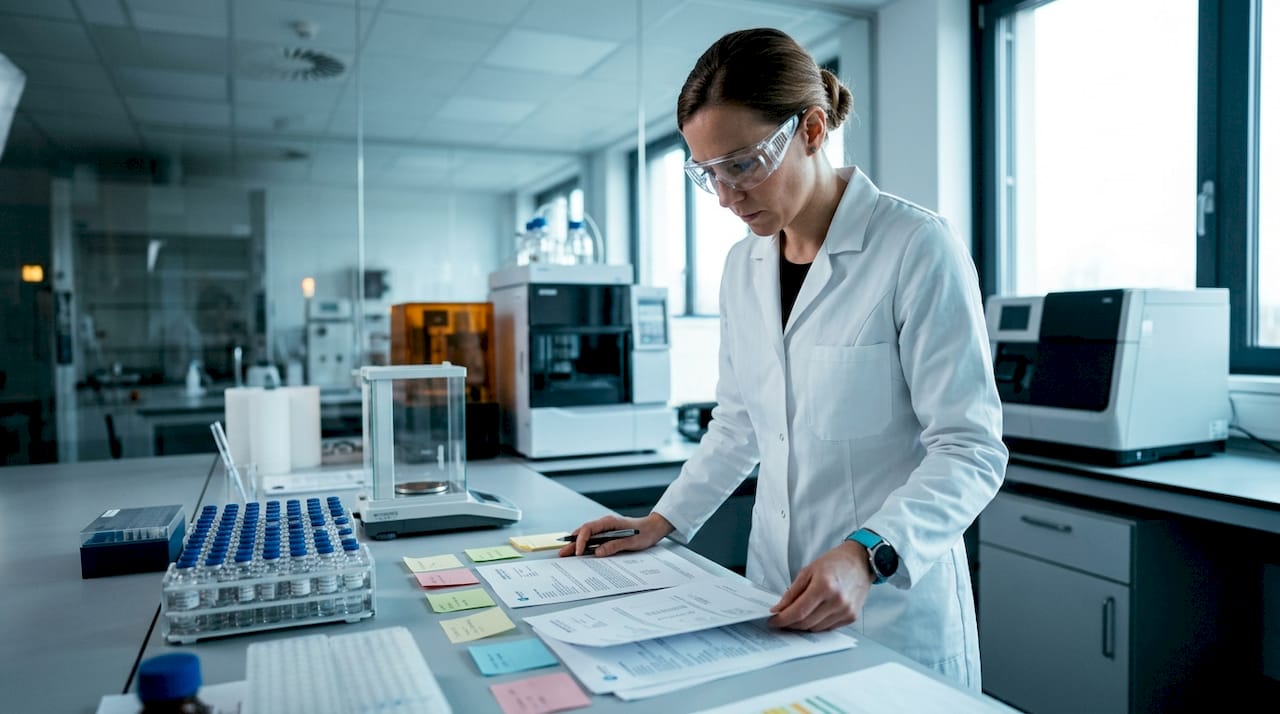 Scientist reviewing peptide supplier documents in lab