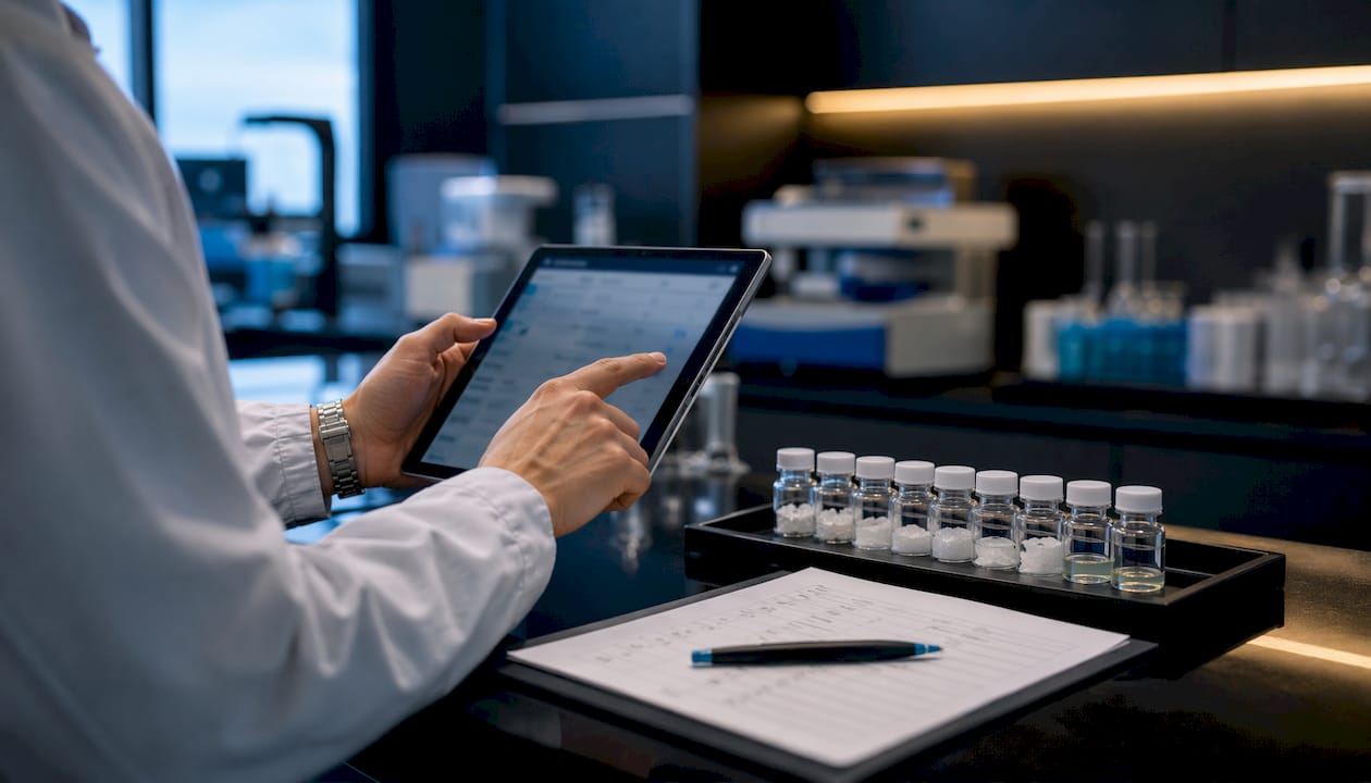 Hands managing blanket purchase order on tablet in lab