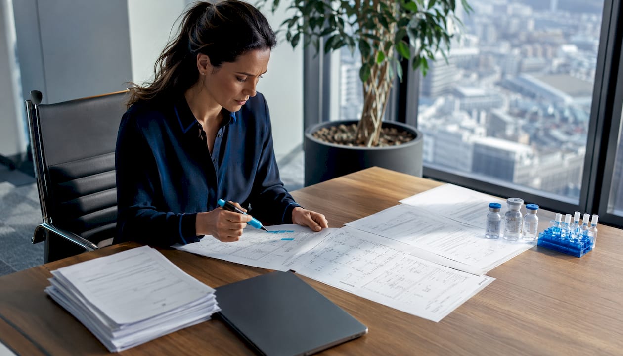 Procurement manager reviewing peptide purchase orders