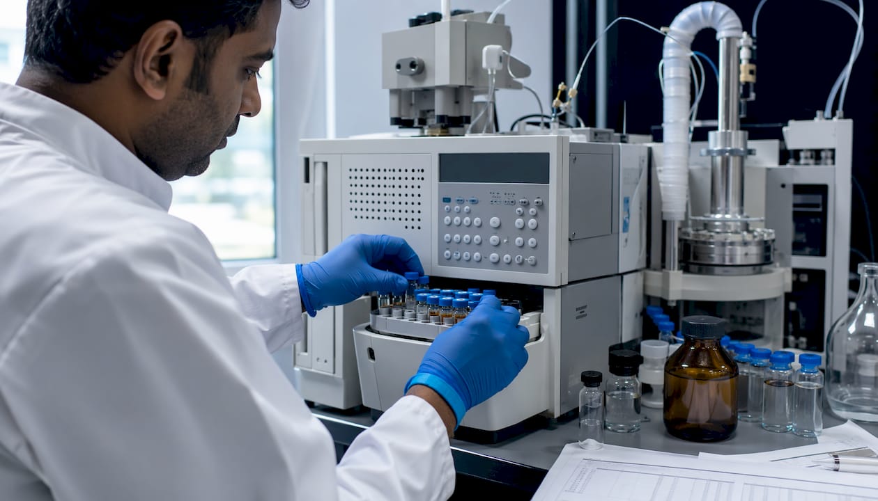 Technician operating amino acid analysis instrument