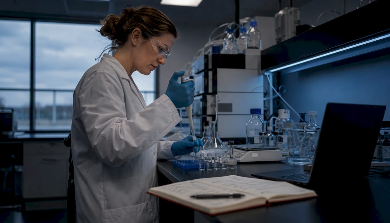 Scientist pipetting peptide solution in lab