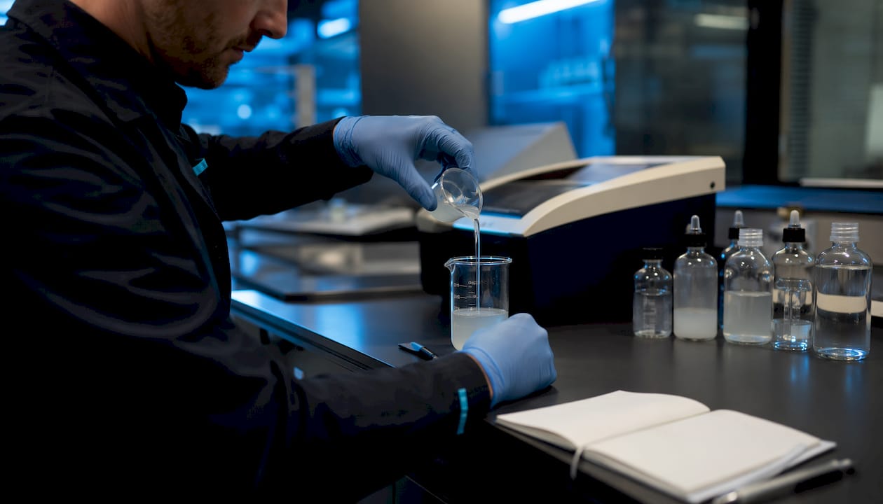 Hands placing peptide solution into spectrophotometer