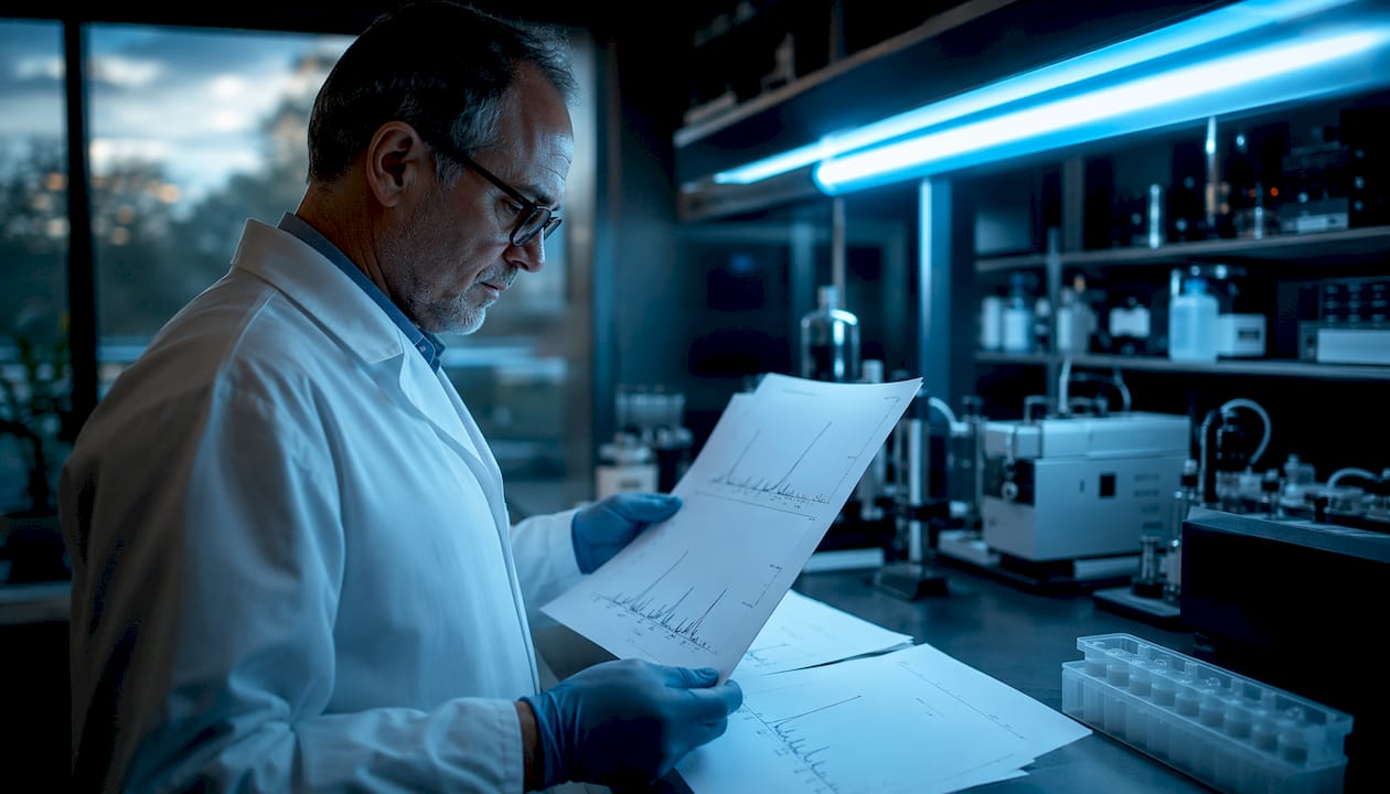 Scientist reviewing NMR spectra data sheets