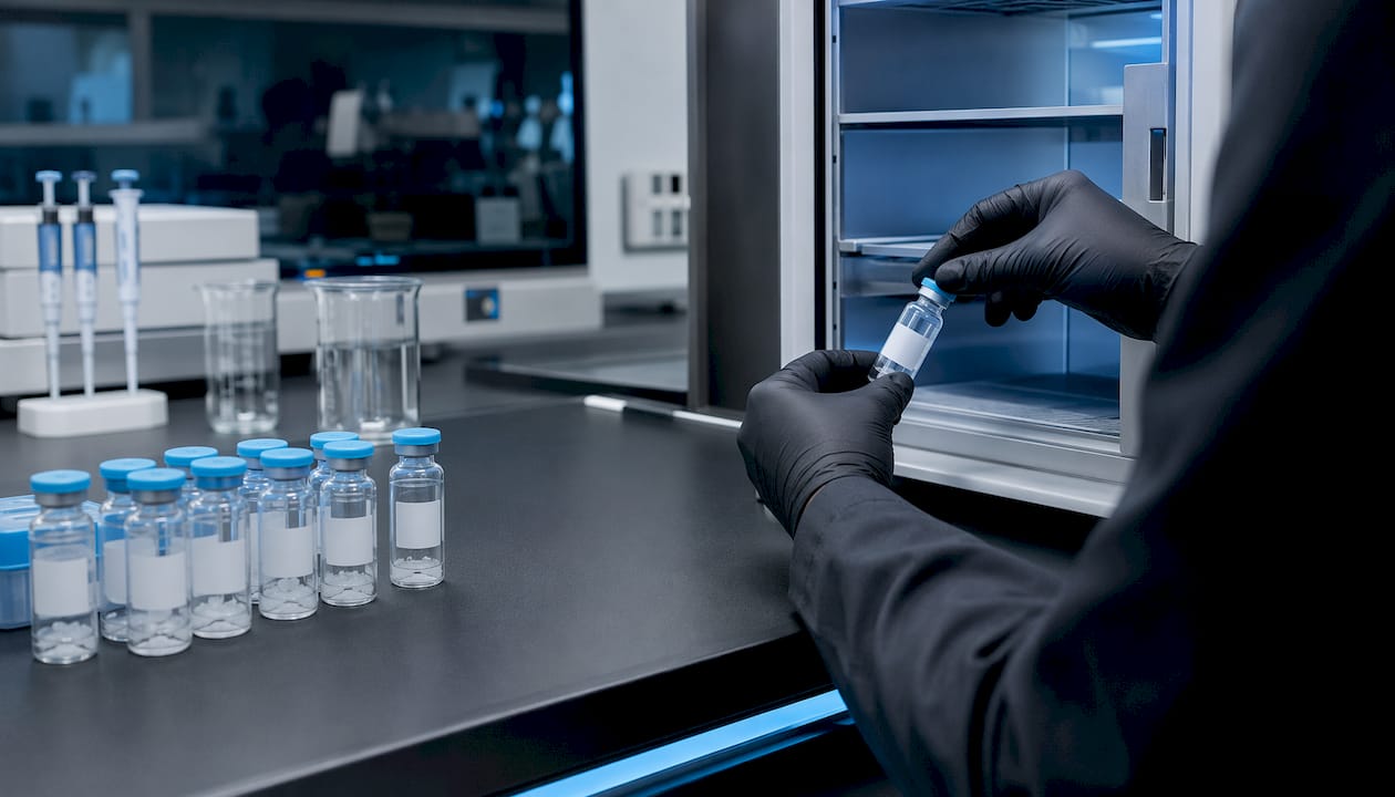 Hands handling peptide sample vial in lab