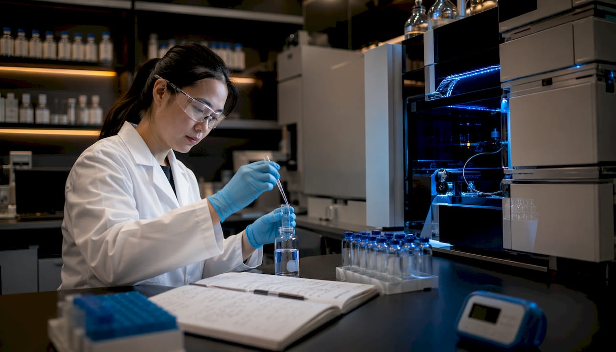 Scientist conducting peptide purity test at lab bench
