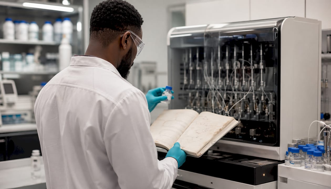 Lab technician checking peptide synthesis reaction tools