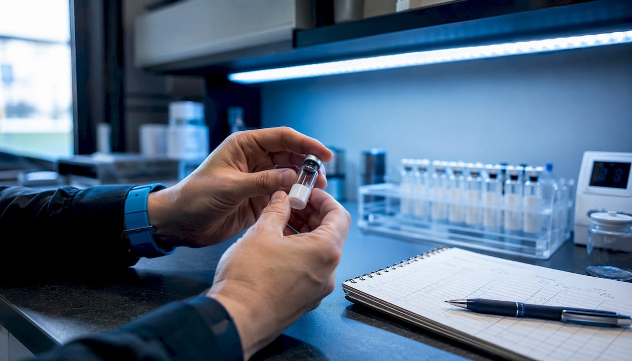 Hands holding peptide sample vial for QC testing