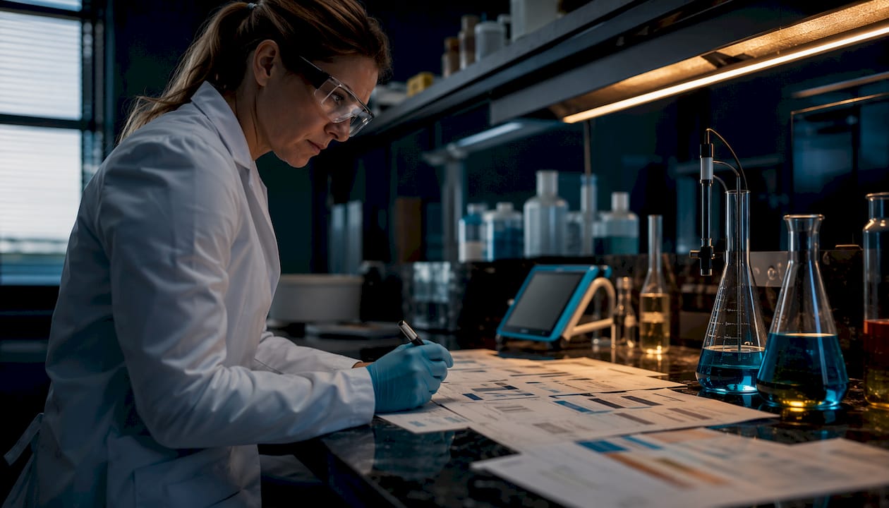 Scientist reviewing peptide property data in lab