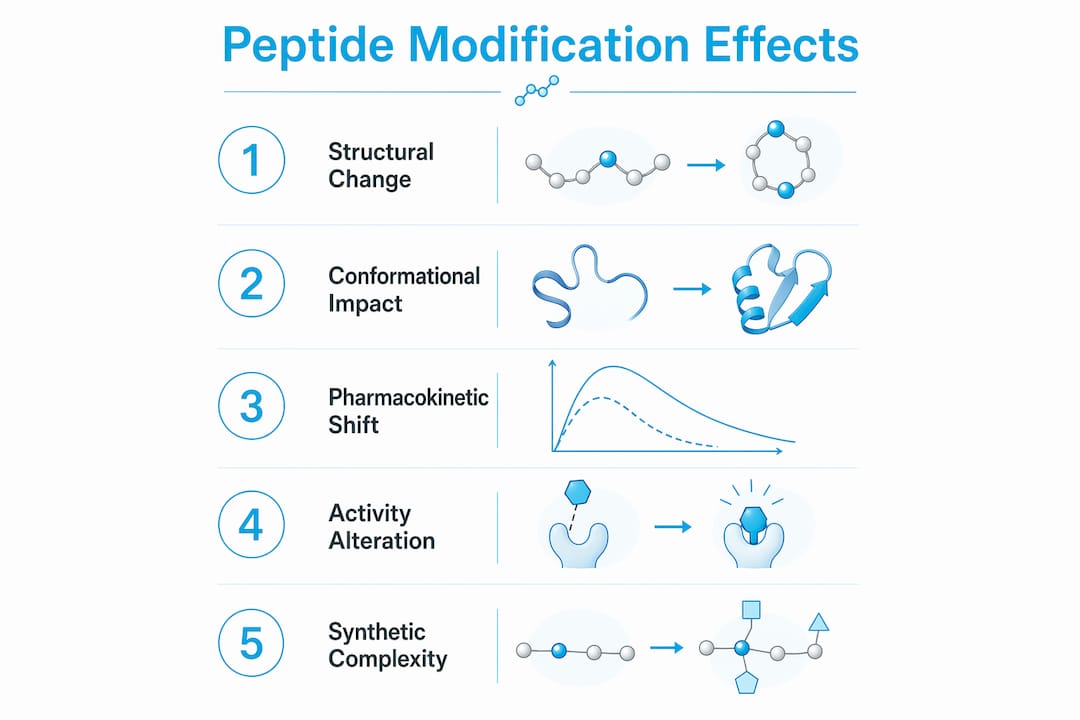 Infographic illustrating stages of peptide modification effects