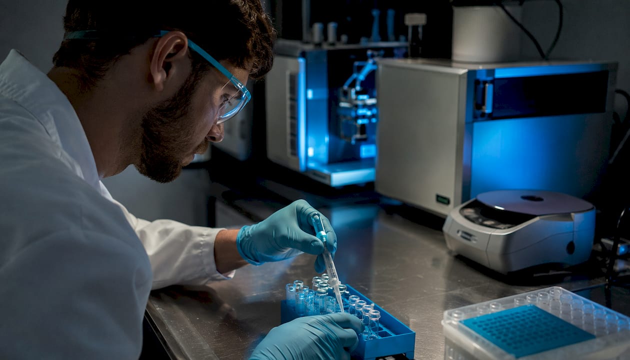 Technician preparing peptide samples for LC-ESI-MS