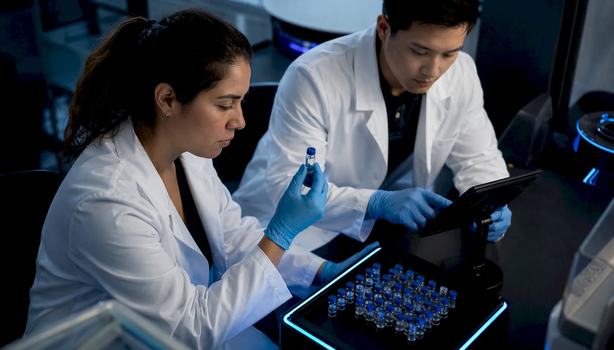 Two researchers examine peptide samples in cold storage