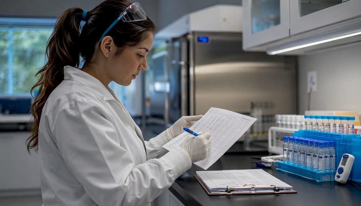 Technician checking peptide receiving checklist