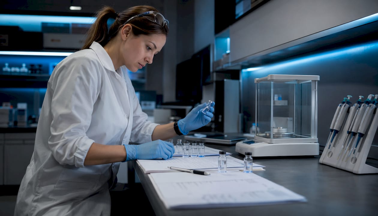 Researcher examining peptide vials at lab bench