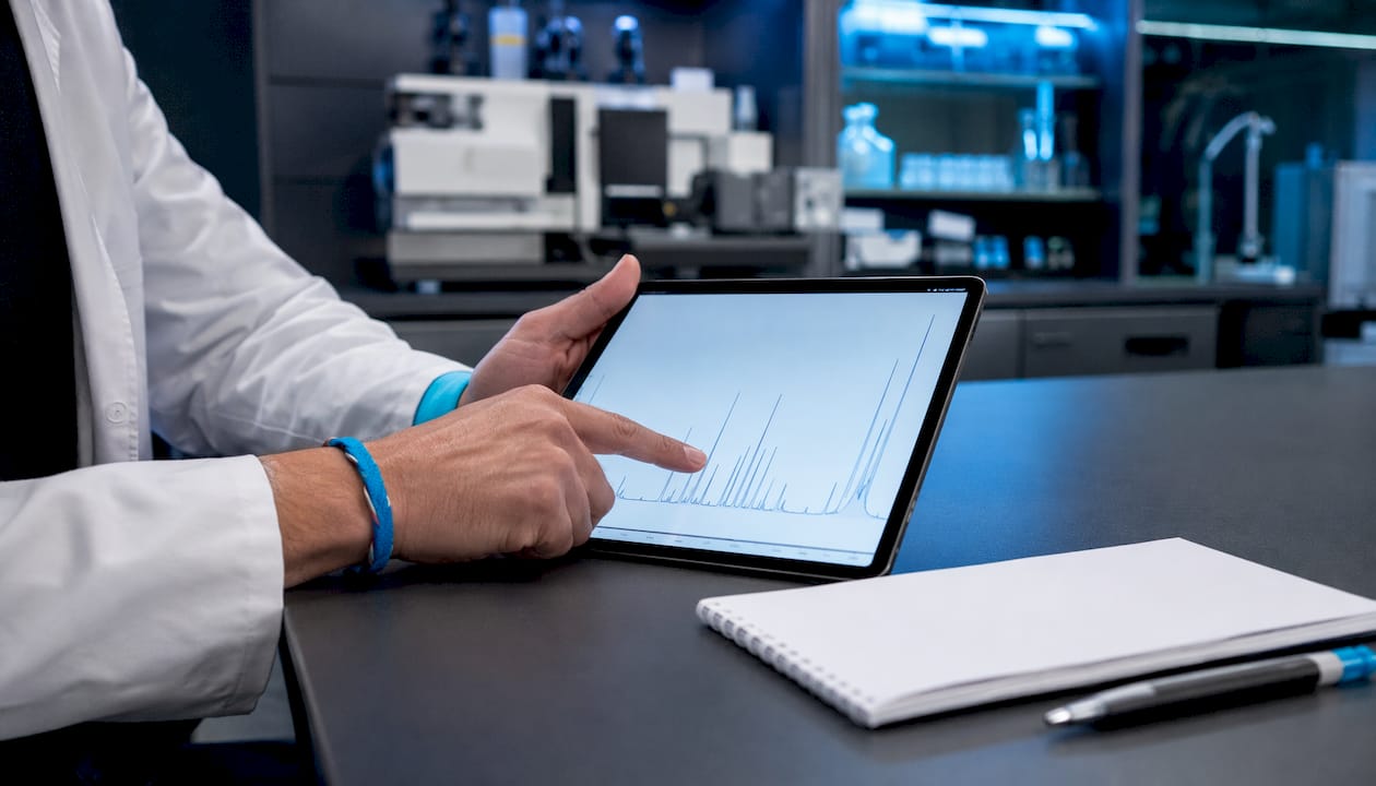 Hands pointing at peptide chromatogram on monitor