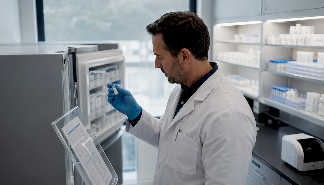 Scientist selecting peptide vial from lab freezer