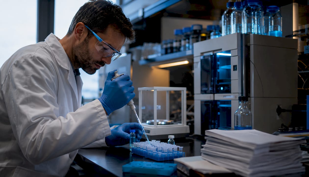 Researcher preparing peptide dosing in lab
