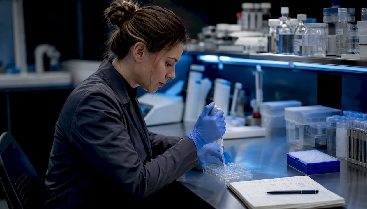 Hands pipetting samples for neurobiology assay