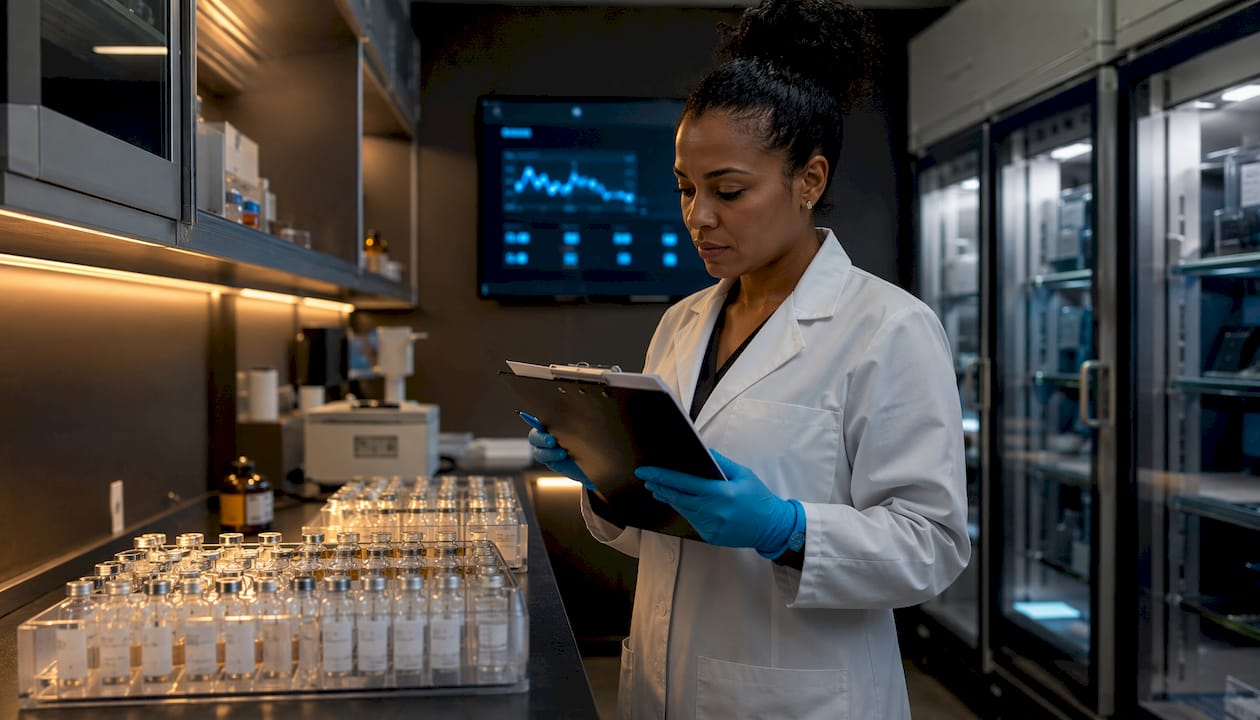 QC manager inspecting peptide inventory