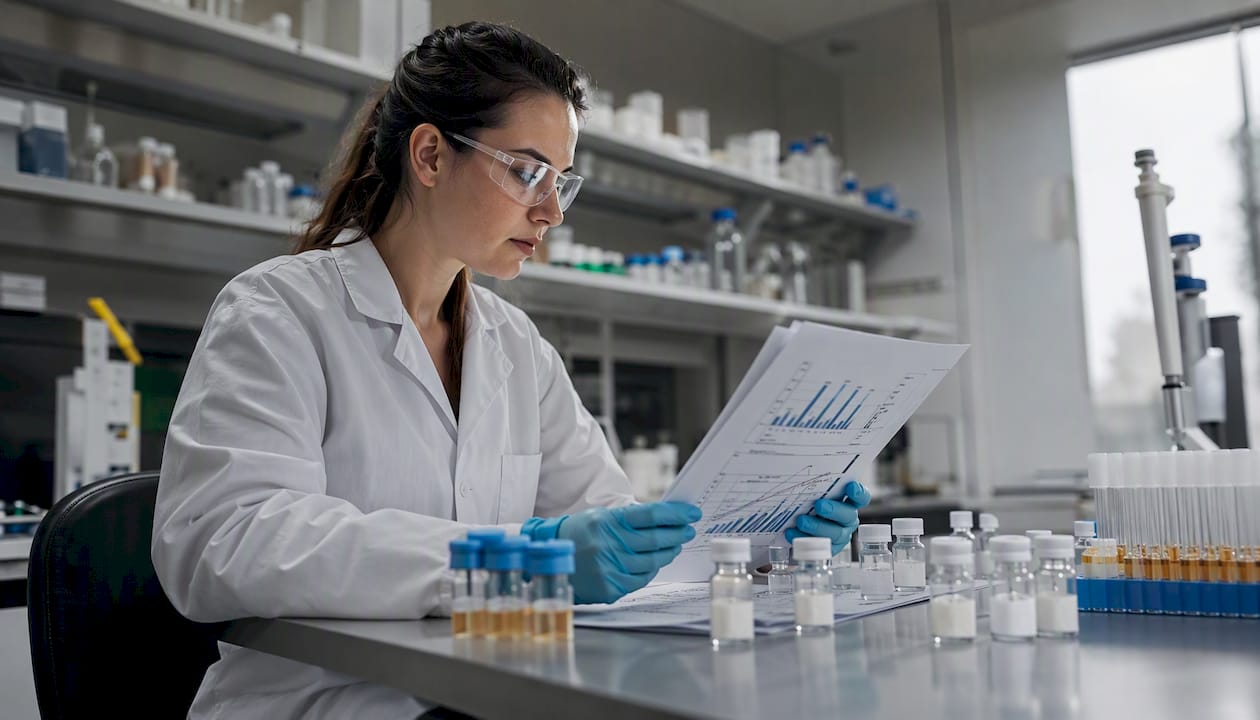 Scientist reviewing peptide counterion assay data