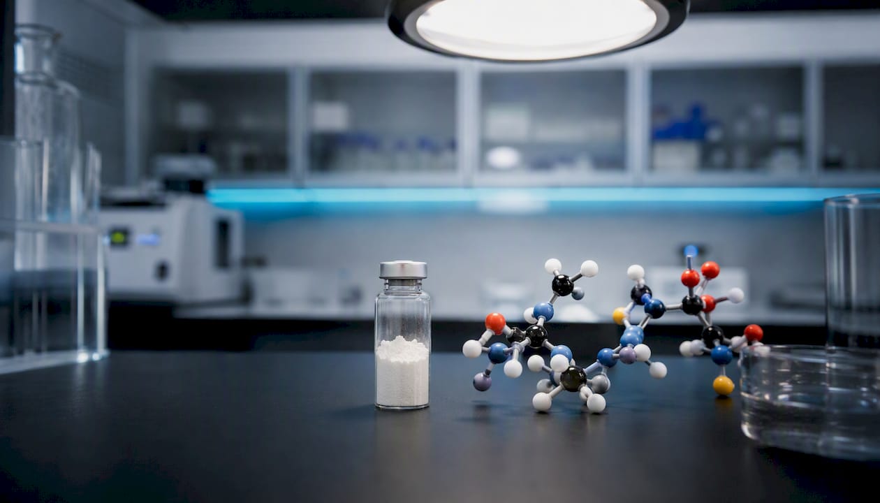 Close-up of peptide salt powder and molecular model