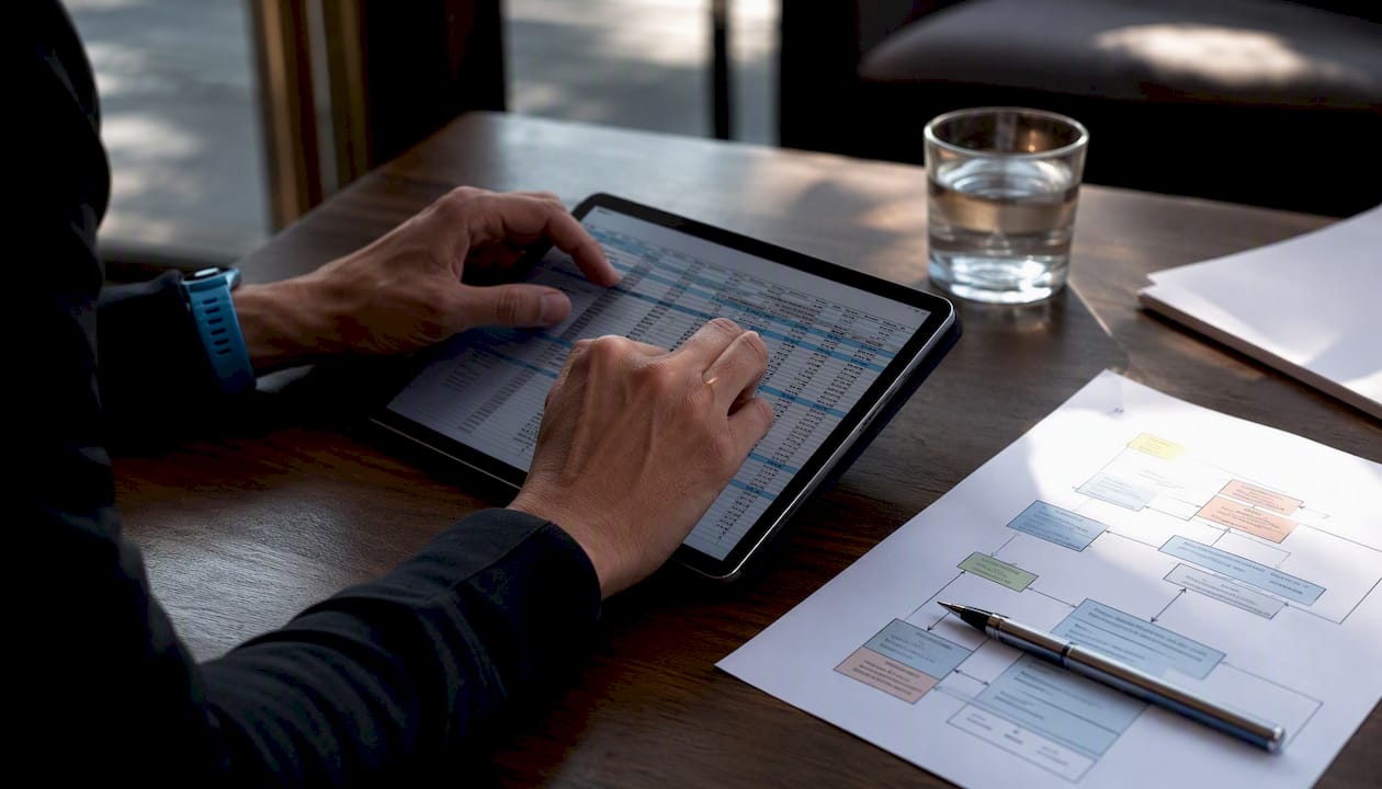 Hands typing on keyboard with procurement checklist nearby