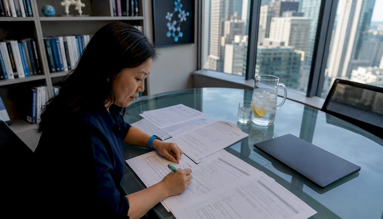 Procurement specialist reviewing nootropic COAs at office