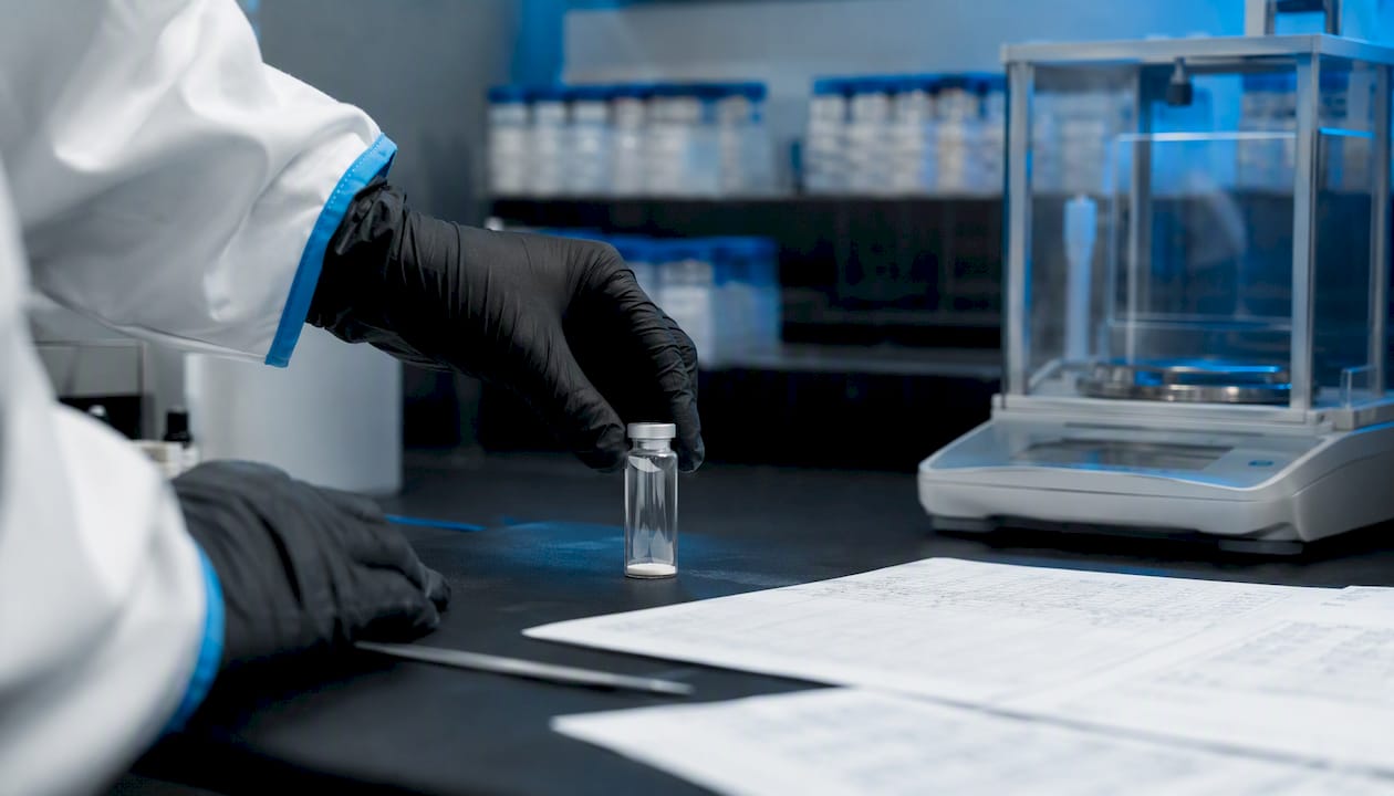 Gloved hands holding peptide vial over lab bench