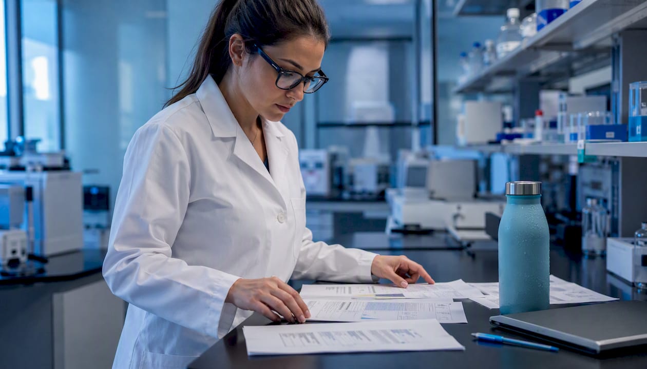 Scientist reviewing peptide COA documents at lab table