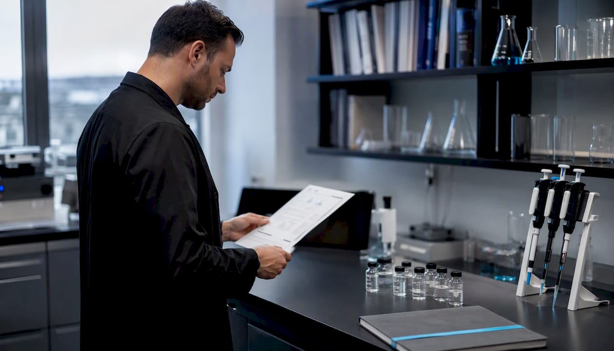 Hands holding amino acid analysis report