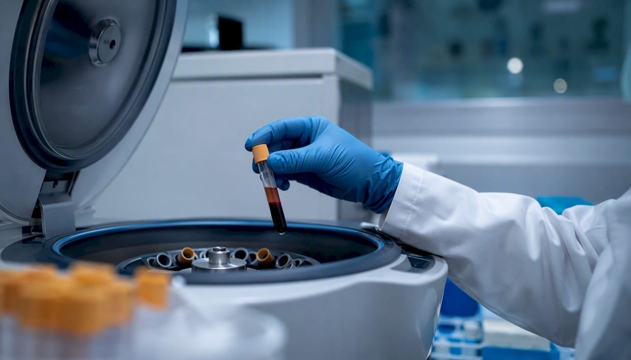 Scientist handling plasma vial in lab
