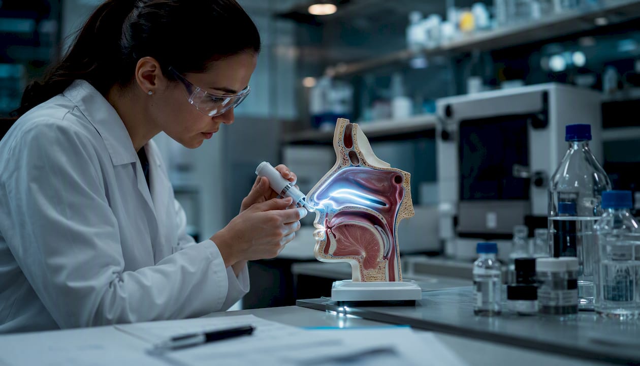 Gloved hand adjusting nasal spray near nasal cavity model