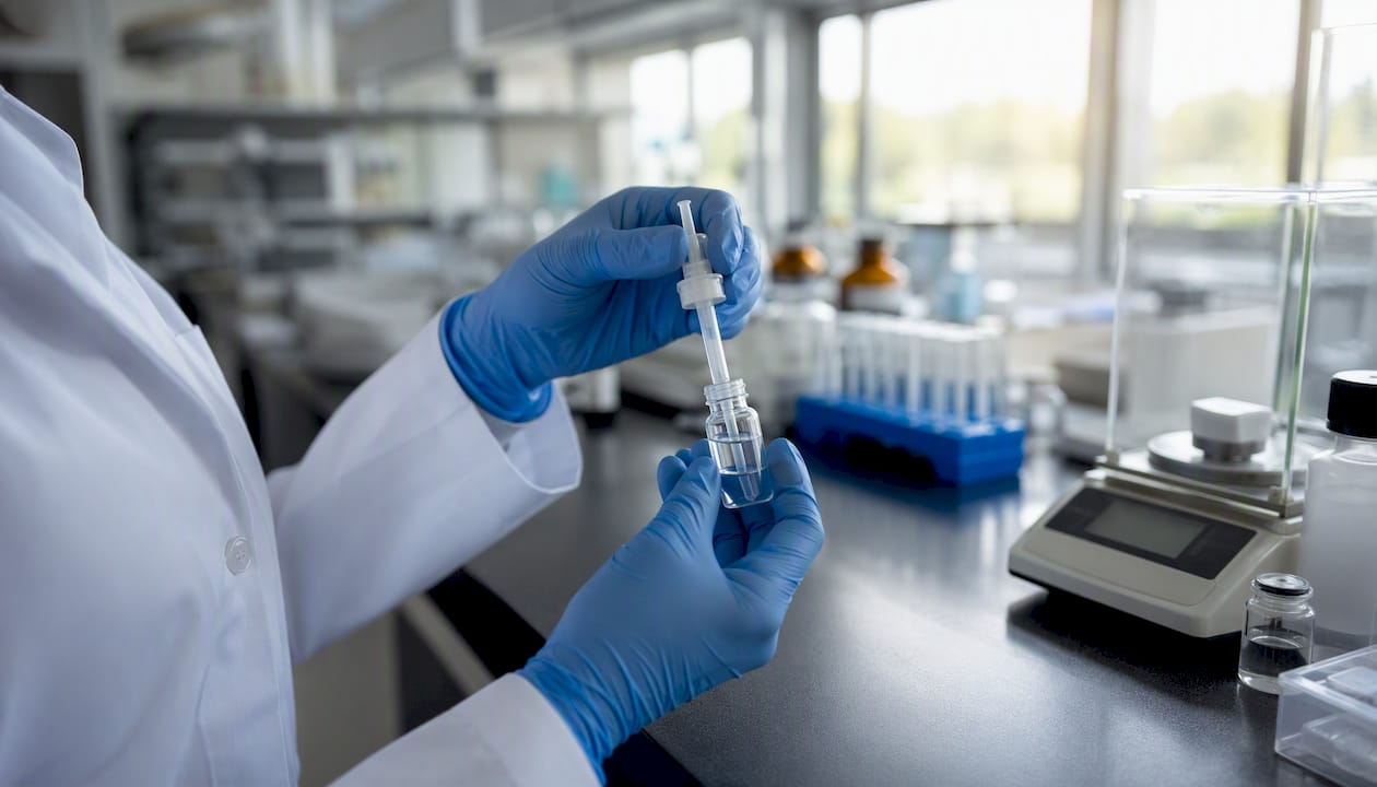 Hands preparing intranasal peptide dose in lab