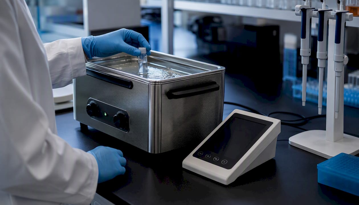 Hands placing peptide vial in sonicator bath