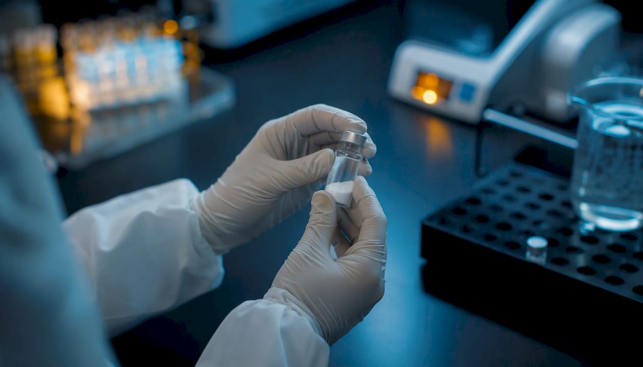 Gloved hands holding peptide vial in lab