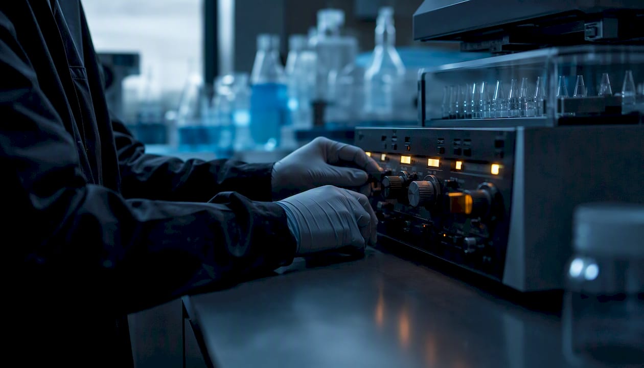Technician calibrating peptide assay instruments