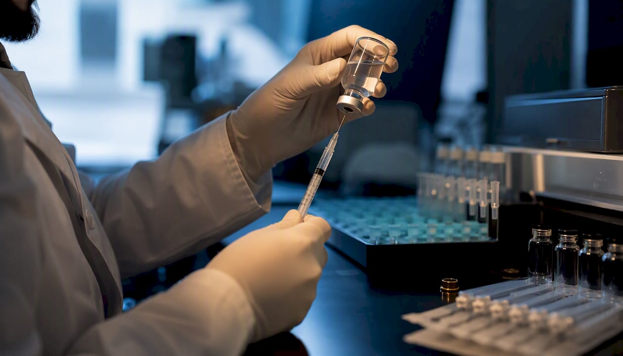 Hands preparing peptide injection syringe