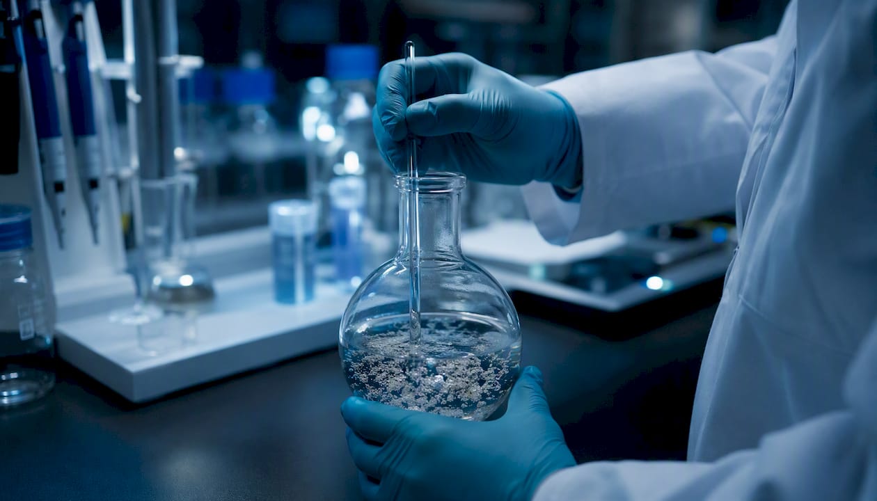 Hands agitating peptide synthesis resin suspension