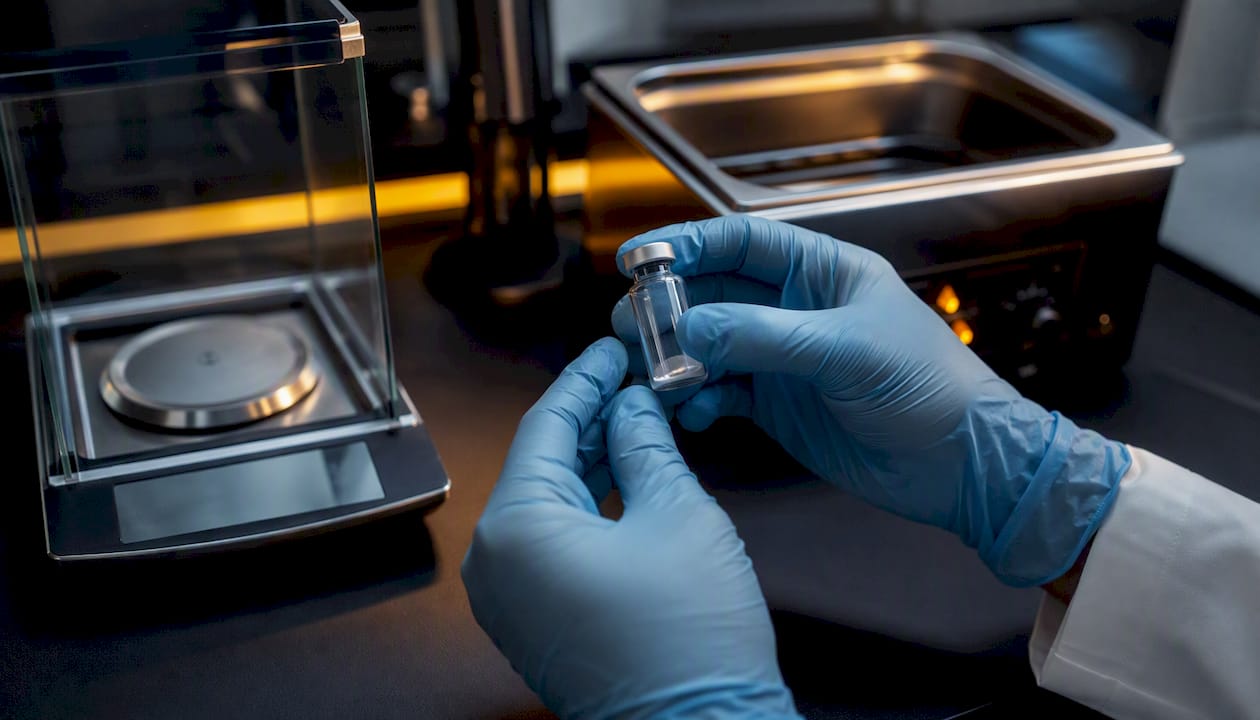 Hands inspecting peptide QC sample vial