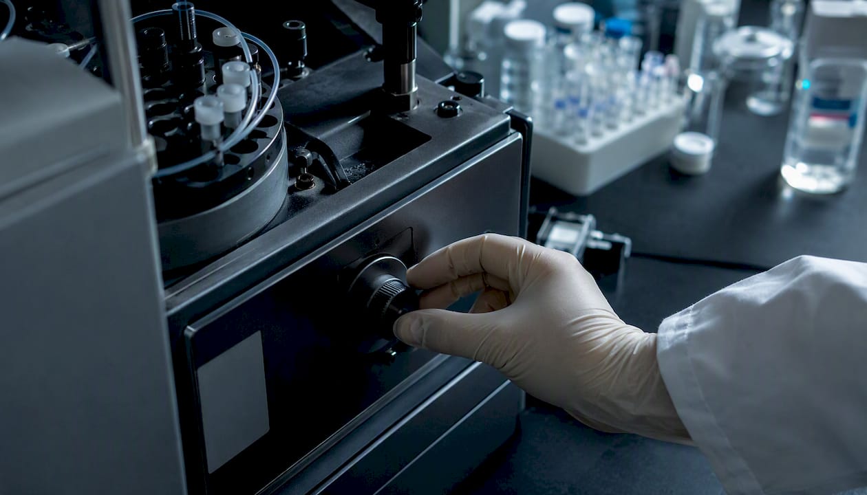 Hands adjusting peptide synthesizer controls
