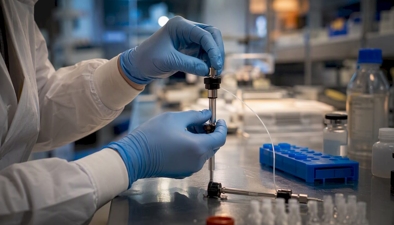 Technician loading peptide purification column