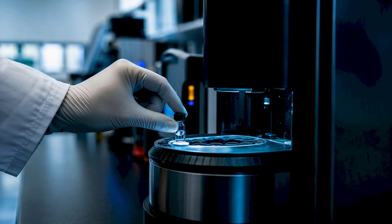 Hand loading vial into mass spectrometer