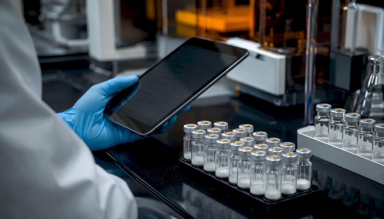 Hand with checklist tablet near peptide vials