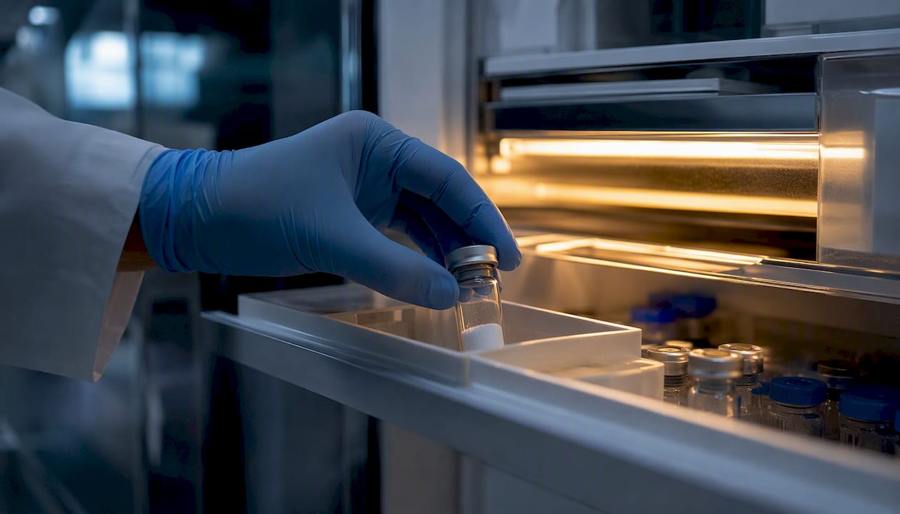 Gloved hand placing reagent vial in quarantine storage