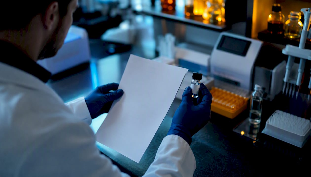 Technician verifying peptide reagent with certificate