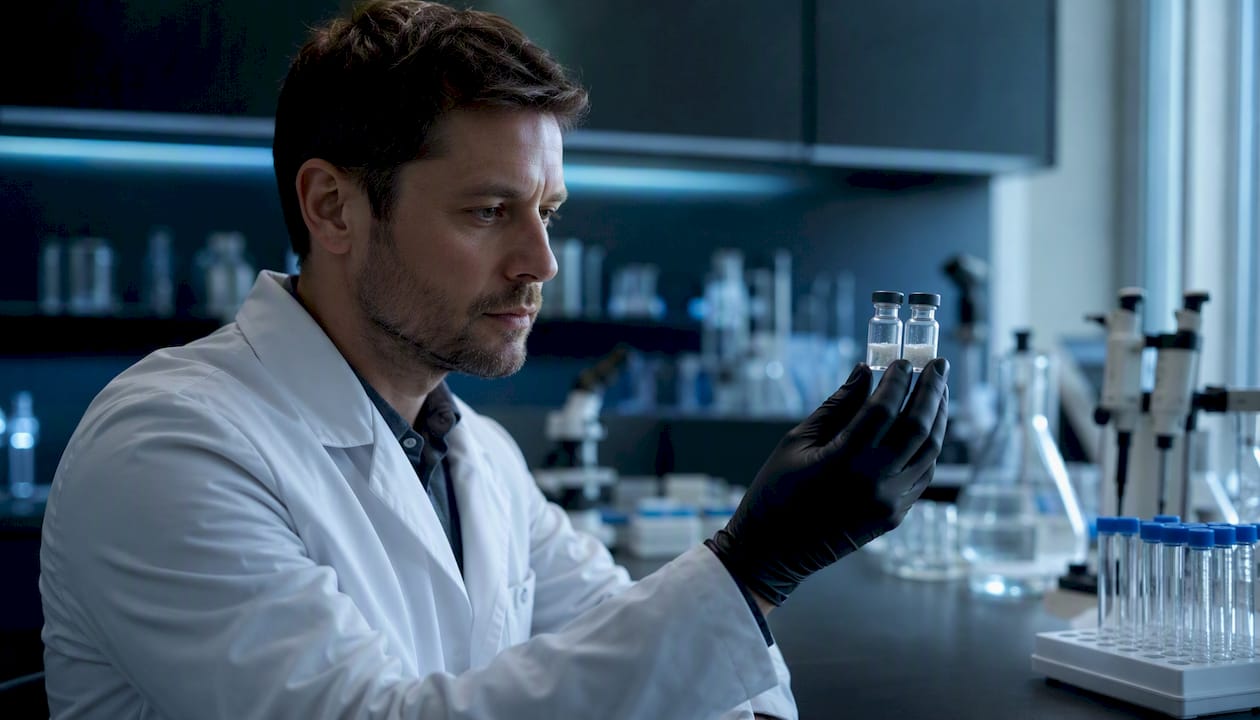 Scientist comparing peptide vials