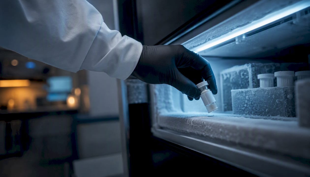 Peptide vial being stored in freezer
