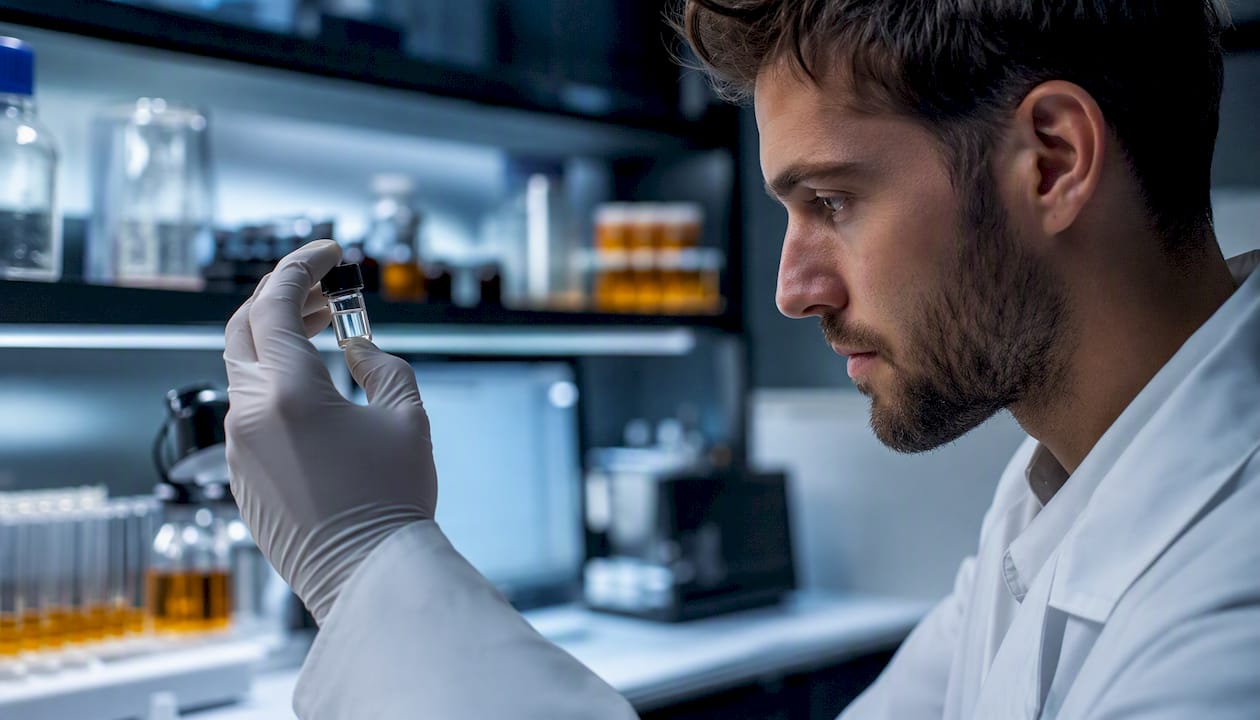 Scientist inspecting peptide reagent vial