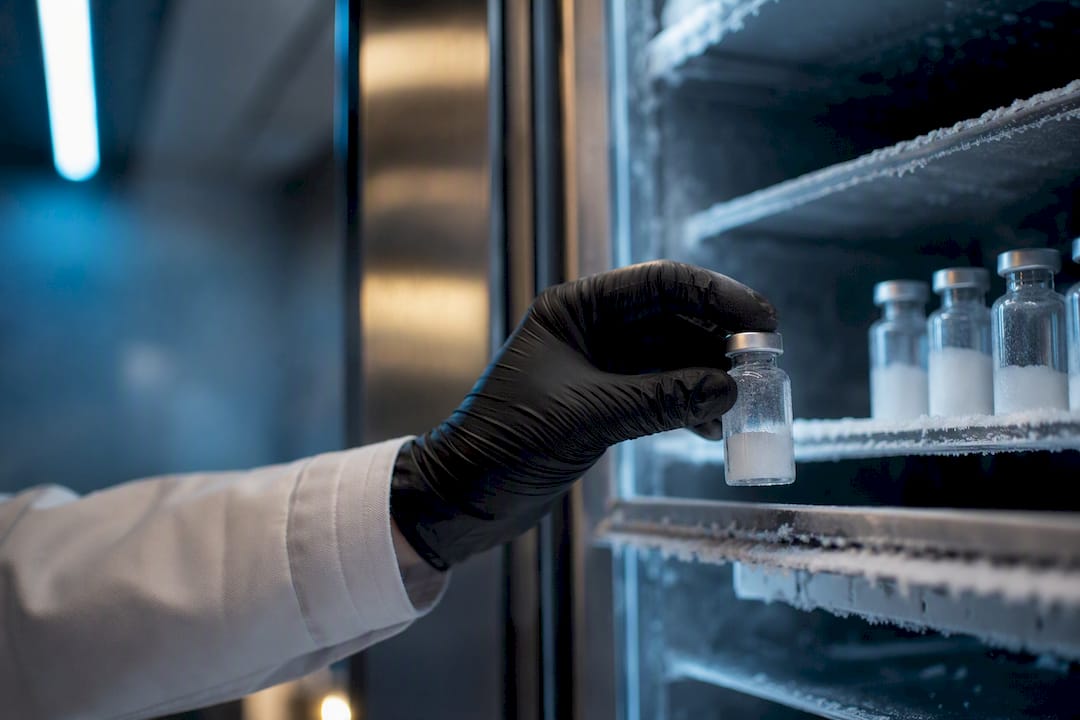 Technician retrieving peptide vial from cold storage shelf