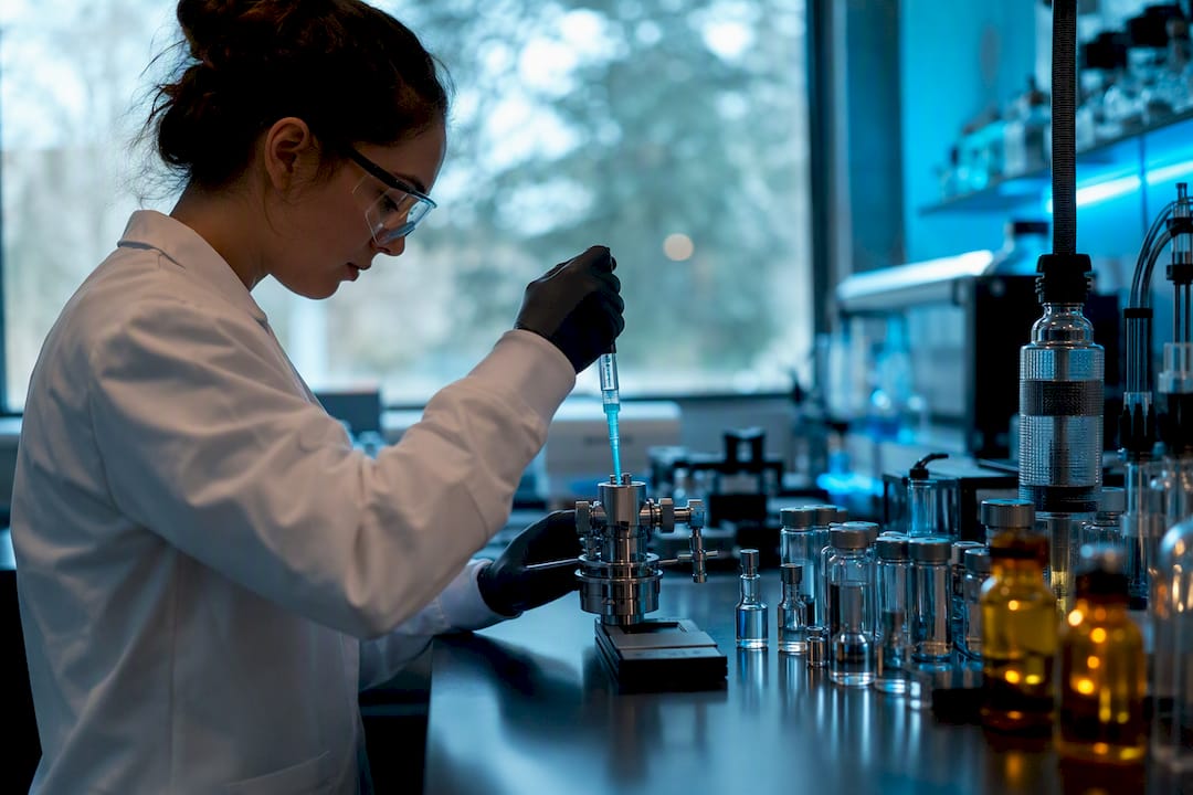 Technician preparing peptide synthesis vessel