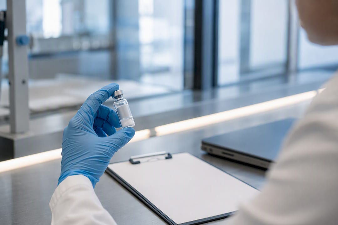 Gloved hand holding peptide vial for batch traceability check